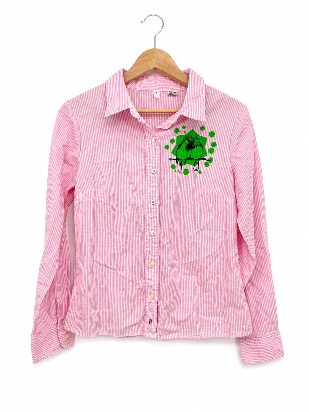 Urban Outfitters Vintage Pink Striped Cotton Button Front Blouse Top Large Birds